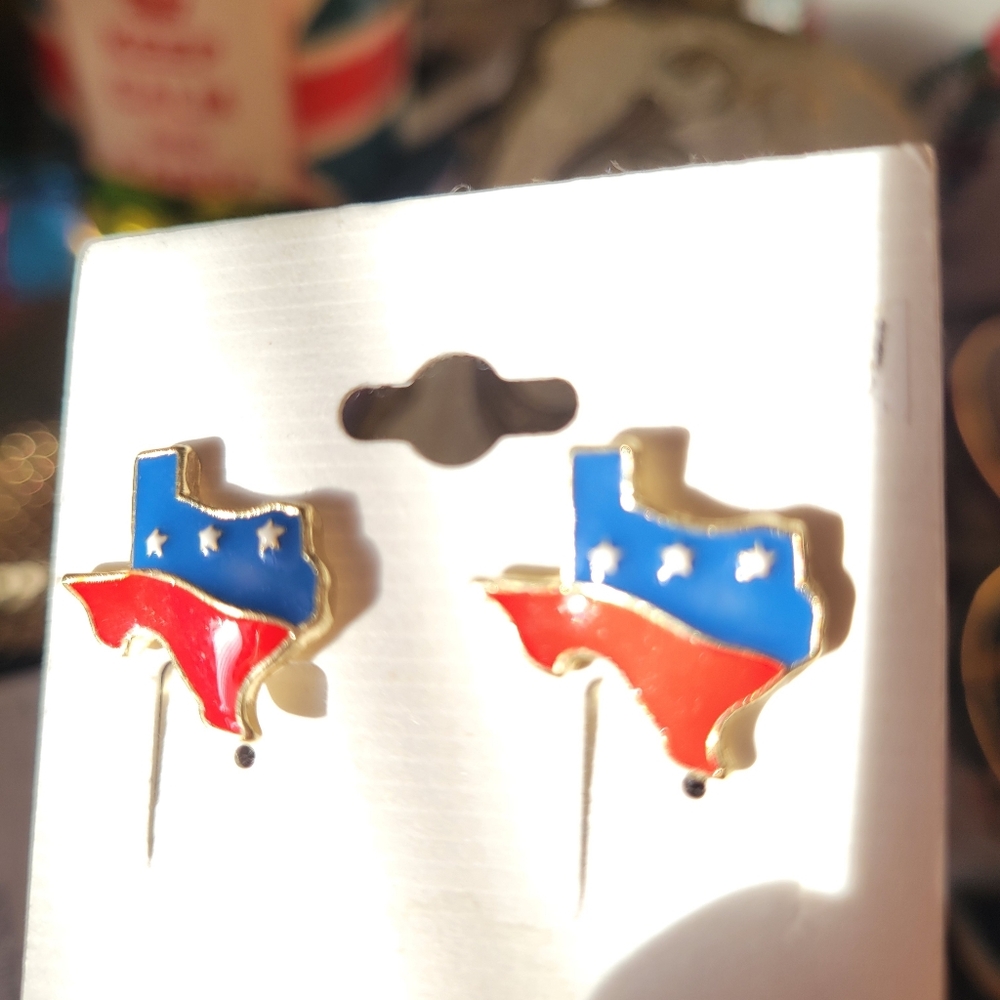 Texas Pierced Earrings ~ Post Style Enamel Red White Blue ~ Patriotic ~ 1970s?